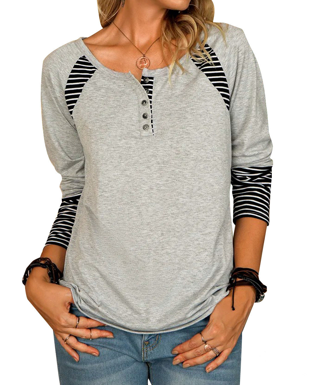Damen lässiges Langarmshirt mit gestreiften Farbblockdetails und Knopfverschluss R&B