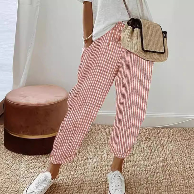Damen lässige Streifenhose mit elastischem Bund und praktischen Eingrifftaschen R&B