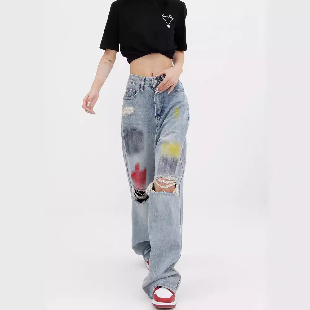 Damen Weite Destroyed Jeans mit bunter Akzentuierung und modischen Rissen R&B