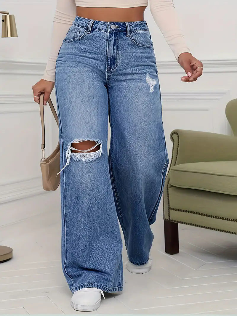Damen Weite Jeans mit schicken Rissdetails und hohem Bund R&B