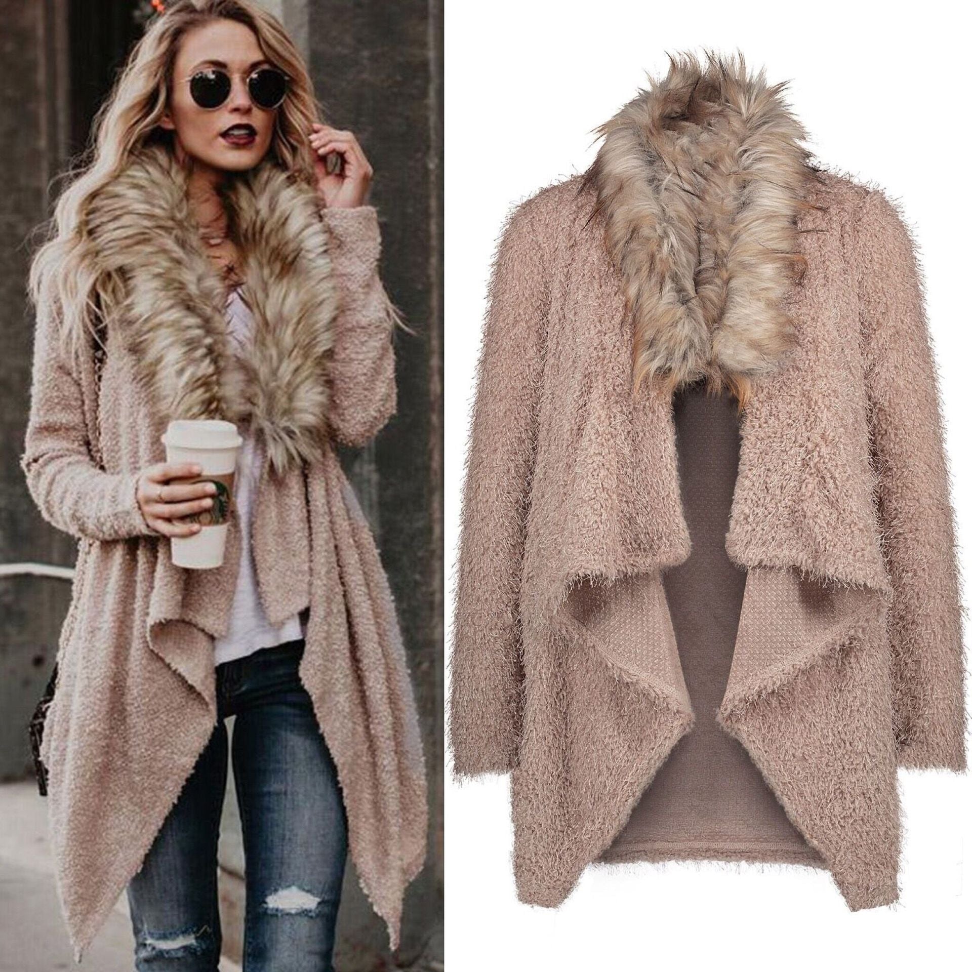 Damen Flauschiger Cardigan mit abnehmbarem Kunstfellkragen R&B