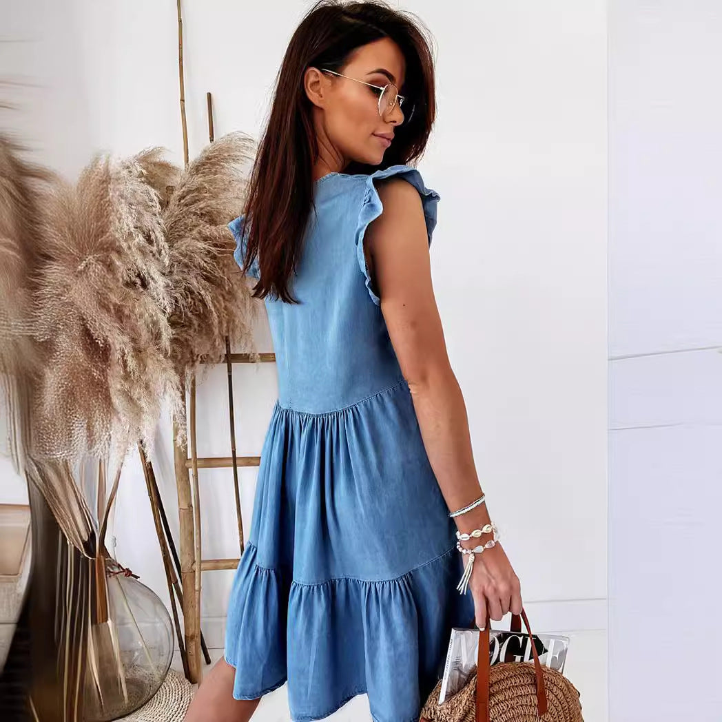 Damen Kurzarm Kleid im lässigen A-Linien Schnitt mit voluminösem Rock R&B