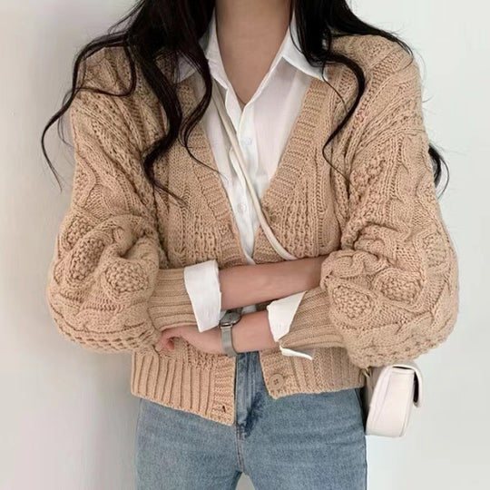 Damen Grobstrickcardigan mit voluminösen Ärmeln und strukturierter Oberfläche R&B