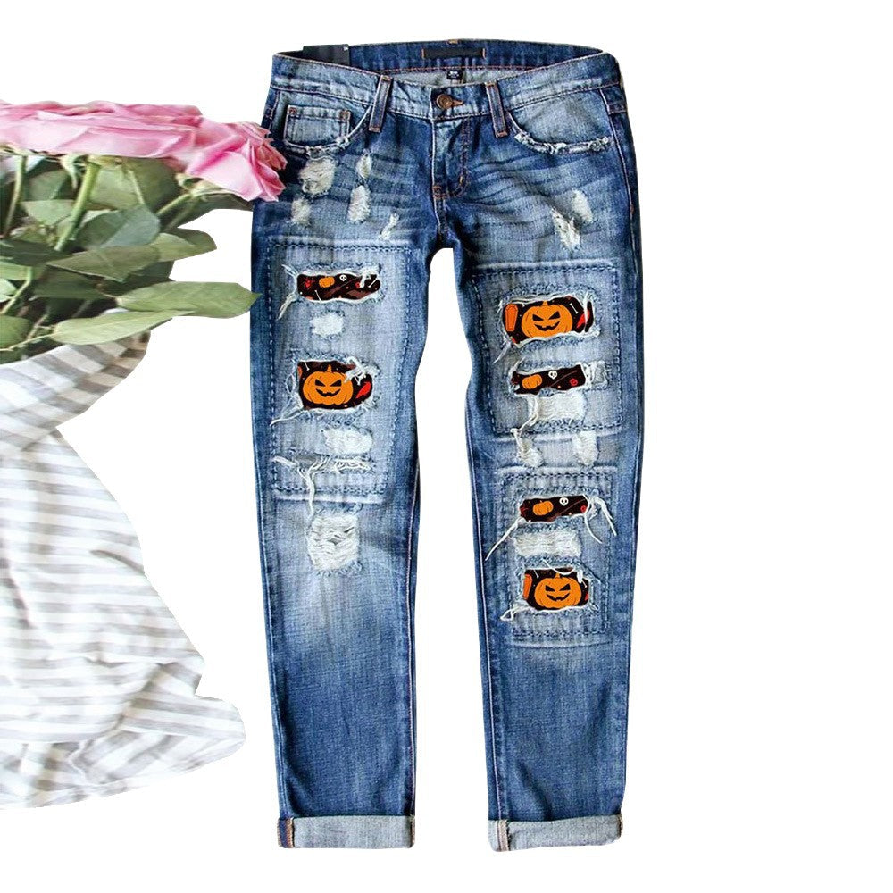 Damen Ripped Jeans mit Halloween-Motiv R&B
