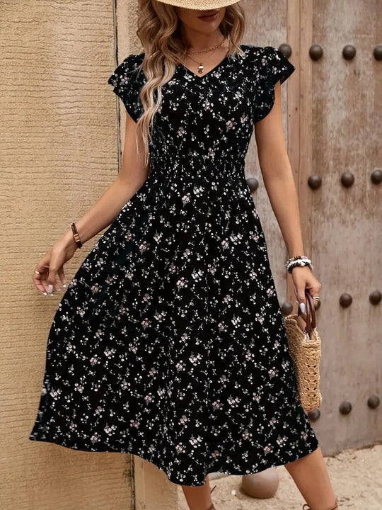 Damen Midikleid mit elastischem Tailleneinsatz und Rüschenärmeln R&B