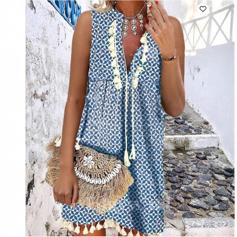 Damen luftiges Strandkleid mit dekorativen Fransen und floralem Muster R&B