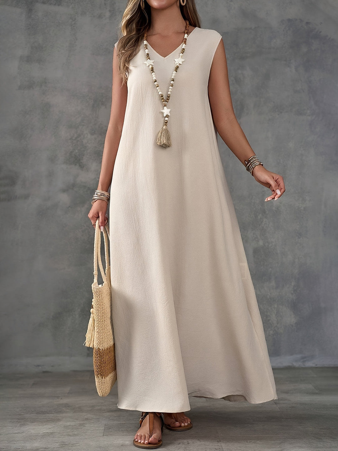 Damen Maxi-Strandkleid mit elegantem V-Ausschnitt und seitlichem Schlitz R&B