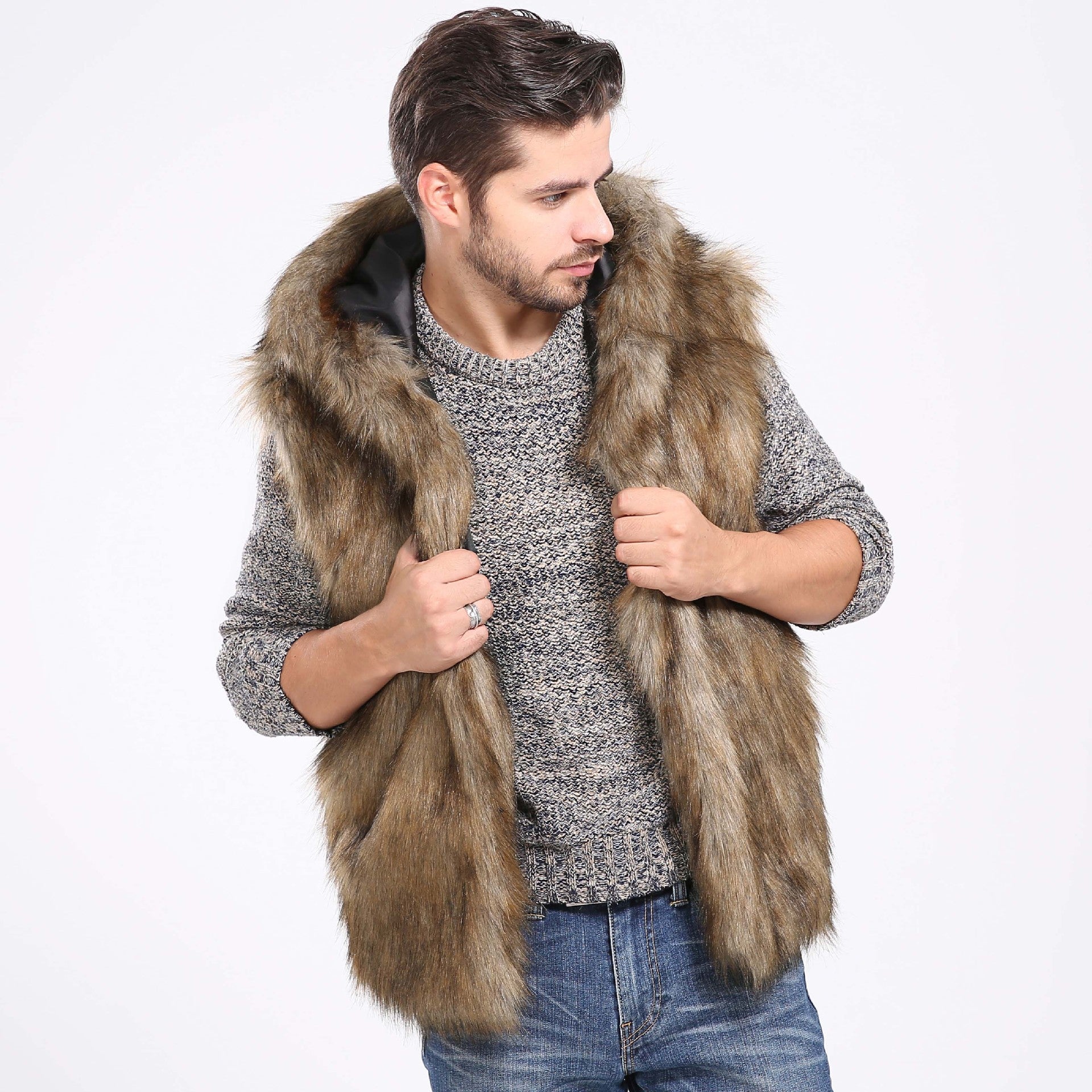 Herren Elegante Kunstpelzjacke mit Kapuze und seitlichen Taschen R&B