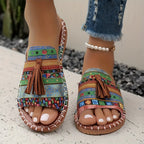Damen Riemensandalen mit geflochtenem Muster und dekorativen Fransen R&B