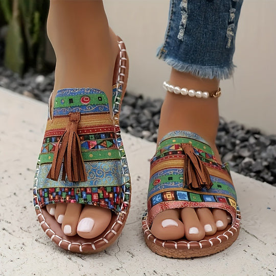 Damen Riemensandalen mit geflochtenem Muster und dekorativen Fransen R&B
