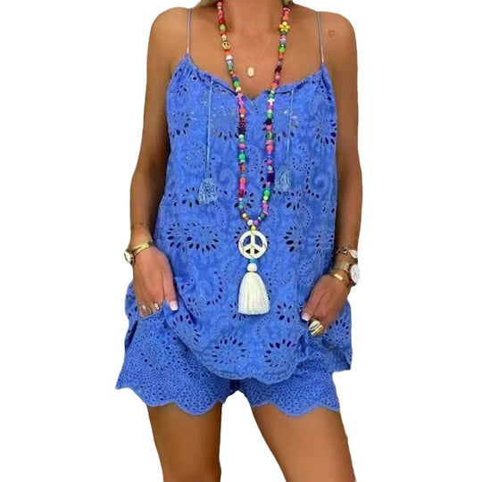 Damen luftiges Sommeroberteil mit Spitze und passenden Shorts R&B