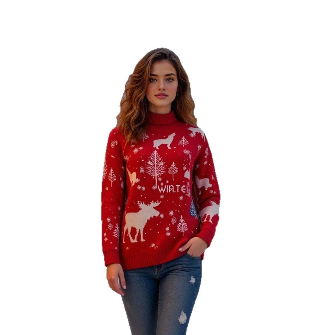 Damen winterlicher Weihnachts-Pullover mit festlichem Elch-Design und hochgeschlossenem Kragen R&B