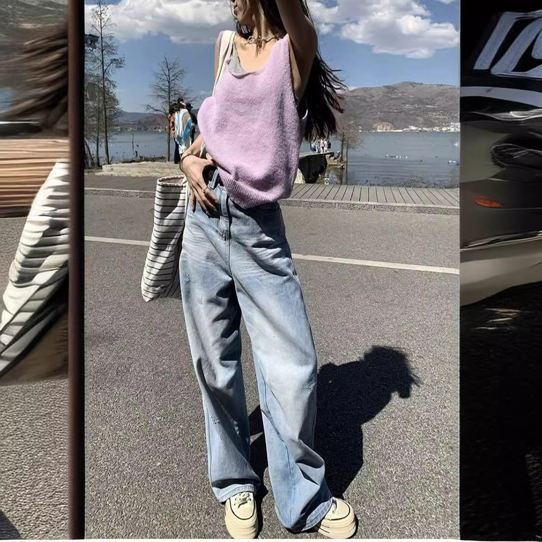 Damen Weite Denim-Hose mit lässigem Schnitt und individuellen Waschungen R&B