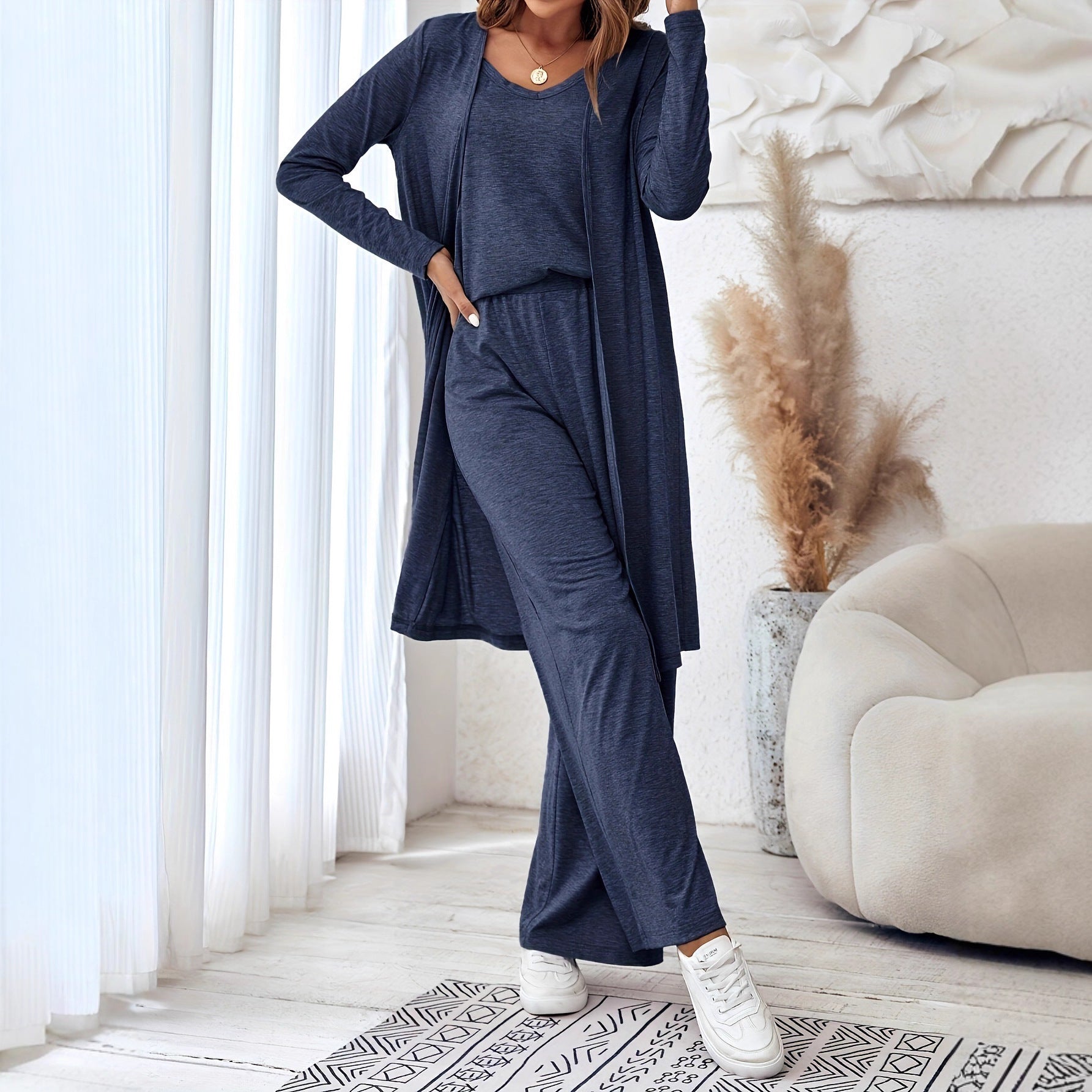 Damen Freizeit-Set mit weichem Langarm-Kimono und bequemen Hosen R&B