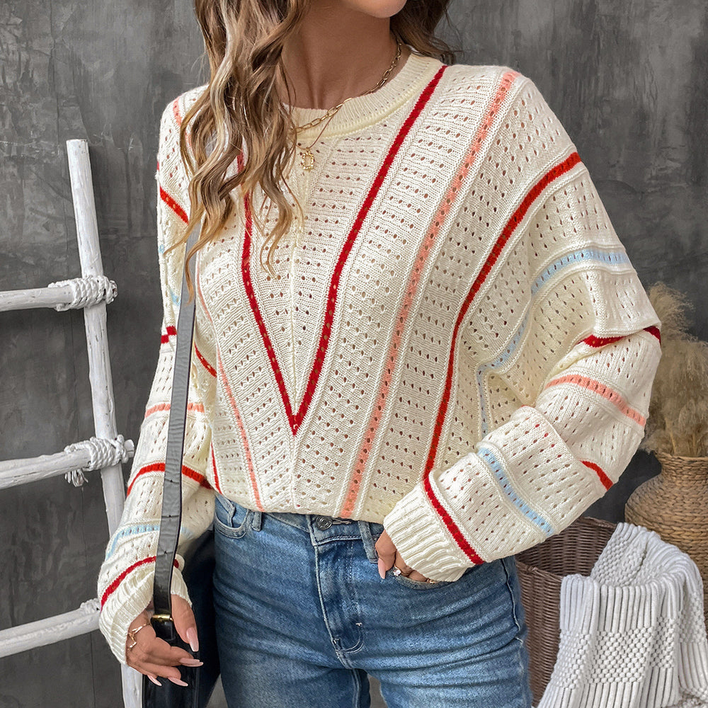 Damen lässiger Strickpullover mit modischem Lochmuster und gestreiftem Design R&B