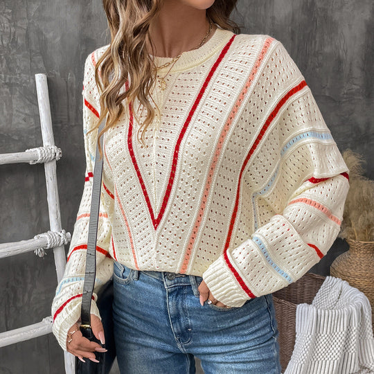 Damen lässiger Strickpullover mit modischem Lochmuster und gestreiftem Design R&B