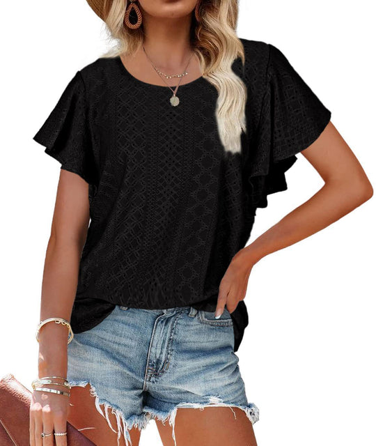 Damen Kurzärmlige Bluse mit Rüschendetails und Lochmuster R&B