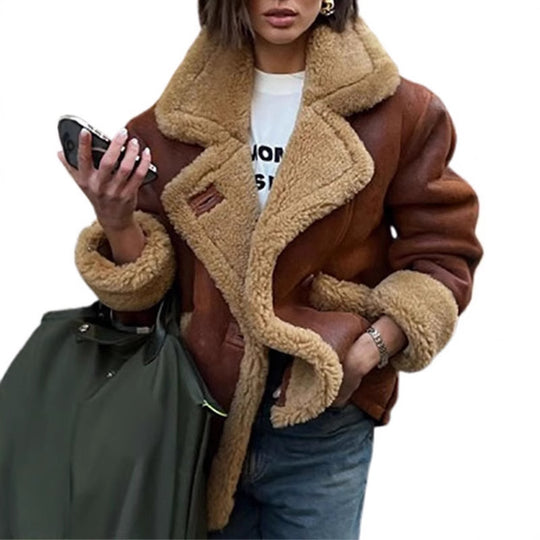 Damen Lässige und modische Teddyjacke mit großem Kragen und weich gefüttertem Innenleben R&B