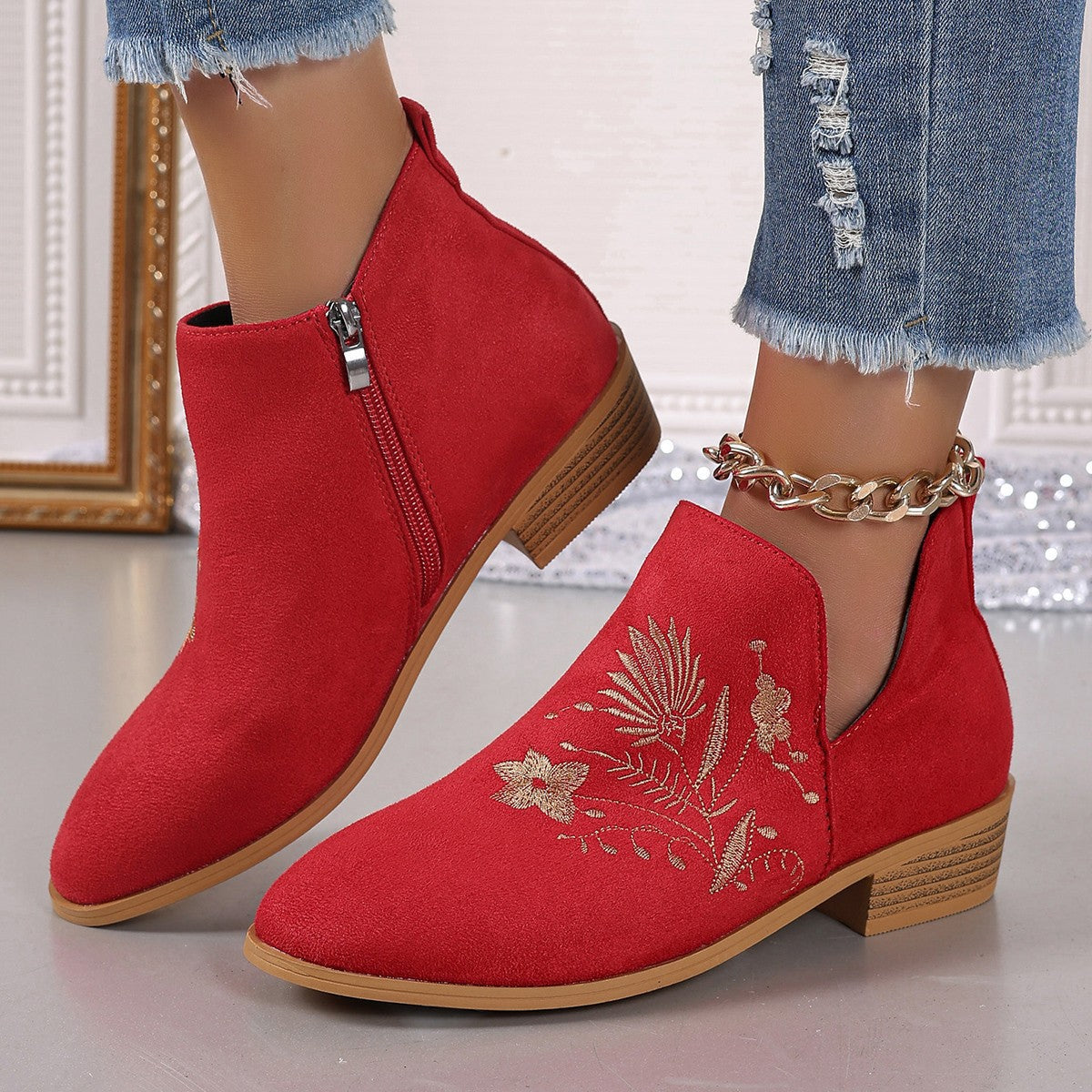 Damen Stiefeletten mit floralem Stickdesign und seitlichem Reißverschluss R&B
