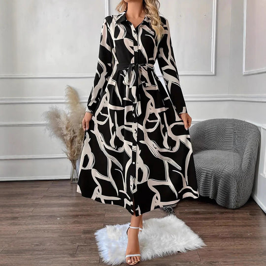 Damen Hemdblusenkleid mit raffiniertem Muster und tailliertem Gürtel R&B