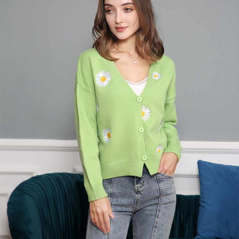Damen Strickjacke mit floralem Muster und V-Ausschnitt