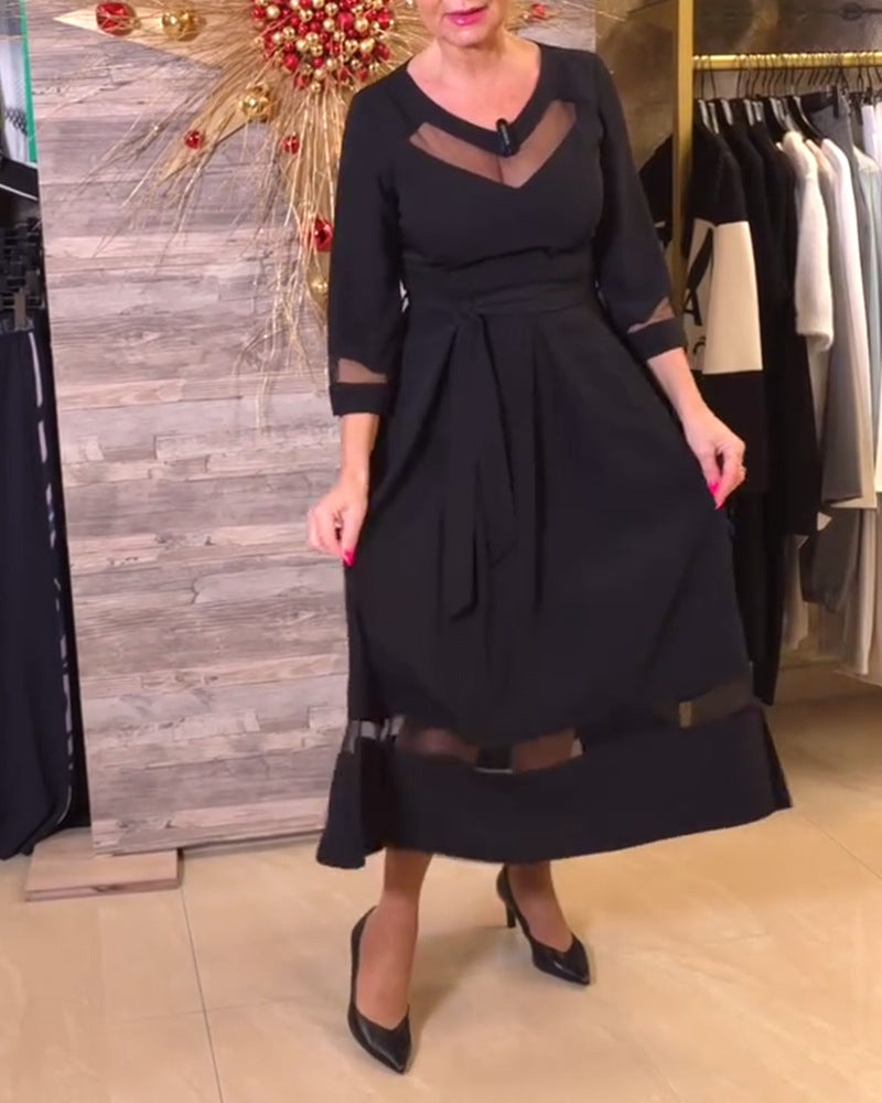 Damen nan tailliertes Midikleid mit transparenten Mesh‑Einsätzen, Bindegürtel und feminine A‑Linien R&B