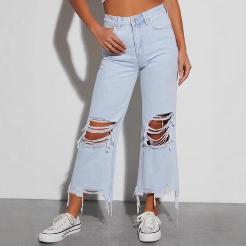 Damen lässige Boyfriend Jeans mit auffälligen Destroyed-Details und weitem Bein R&B