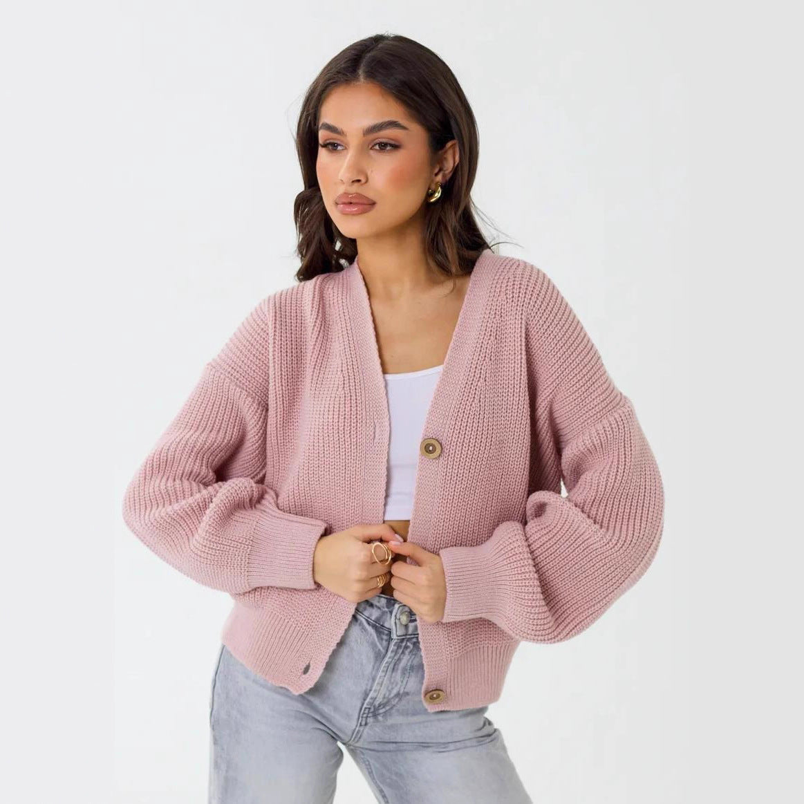 Damen lässiger Strickjacke mit voluminösen Ärmeln und modernen Knopfdetails R&B