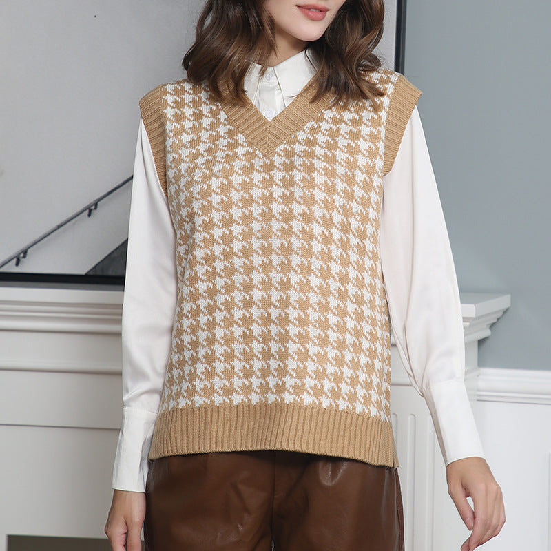 Damen ärmellose Strickweste mit modernem Hahnentrittmuster R&B