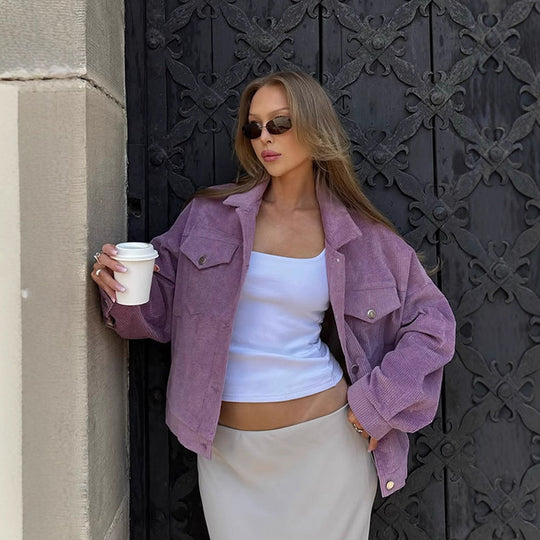 Damen Oversized Cordjacke mit praktischen Taschen und dezentem Streifenmuster R&B