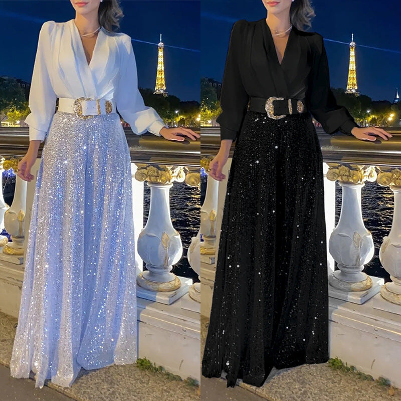Damen elegante Overall mit funkelnden Pailletten und langem Schnitt R&B