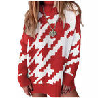 Damen Grobstrickpullover mit hohem Kragen und modernem geometrischen Muster R&B