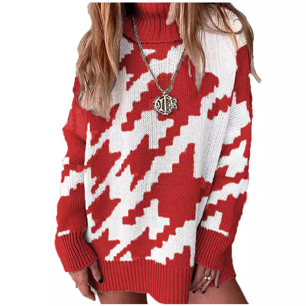 Damen Grobstrickpullover mit hohem Kragen und modernem geometrischen Muster R&B