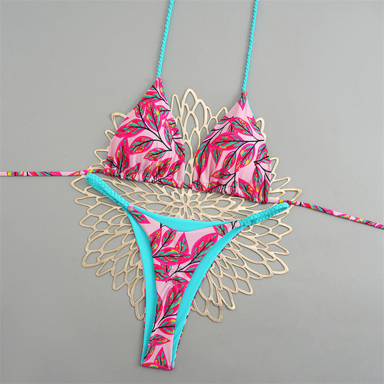 Damen Triangelbikini mit buntem Muster und verstellbaren Trägern R&B