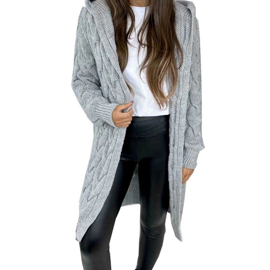 Damen lange Strickjacke mit Kapuze und Zopfmuster R&B