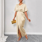 Damen Midikleid mit elegantem V-Ausschnitt und seitlichem Schlitz R&B