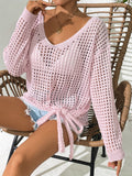Damen luftiger Strickpullover mit V-Ausschnitt und dekorativem Knoten R&B