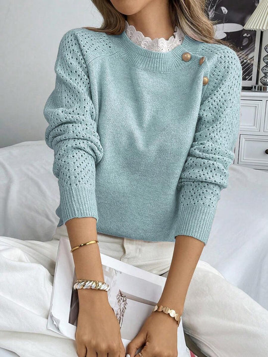 Damen Strickpullover mit dekorativen Knopfdetails und Lochmuster R&B