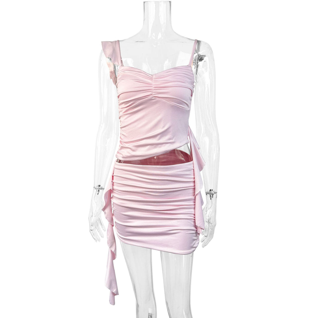 Damen Rüschendes Mini-Kleid mit verstellbaren Spaghetti-Trägern und figurformendem Schnitt R&B