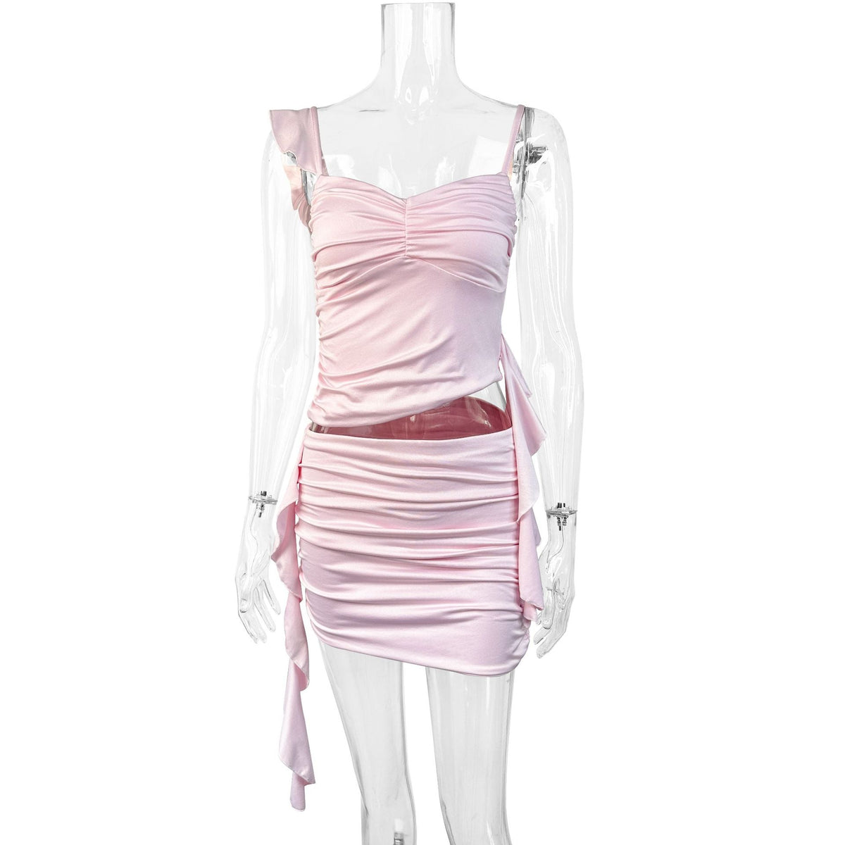 Damen Rüschendes Mini-Kleid mit verstellbaren Spaghetti-Trägern und figurformendem Schnitt