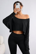 Damen lässiges Oversized Langarm-Shirt mit asymmetrischem Saum und U-Boot-Ausschnitt R&B