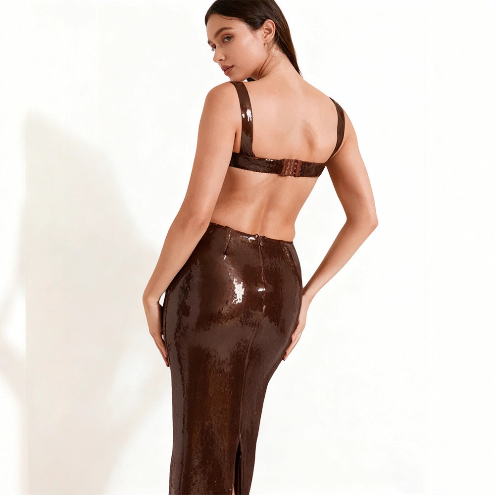 Damen Lange Pailletten-Robekleid mit schicker Silhouette und tiefem Ausschnitt R&B