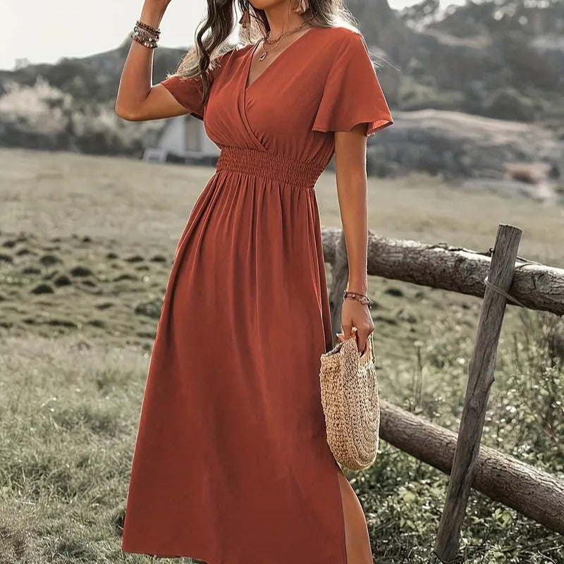 Damen Maxikleid mit fließendem Schnitt und Wickeldetails R&B