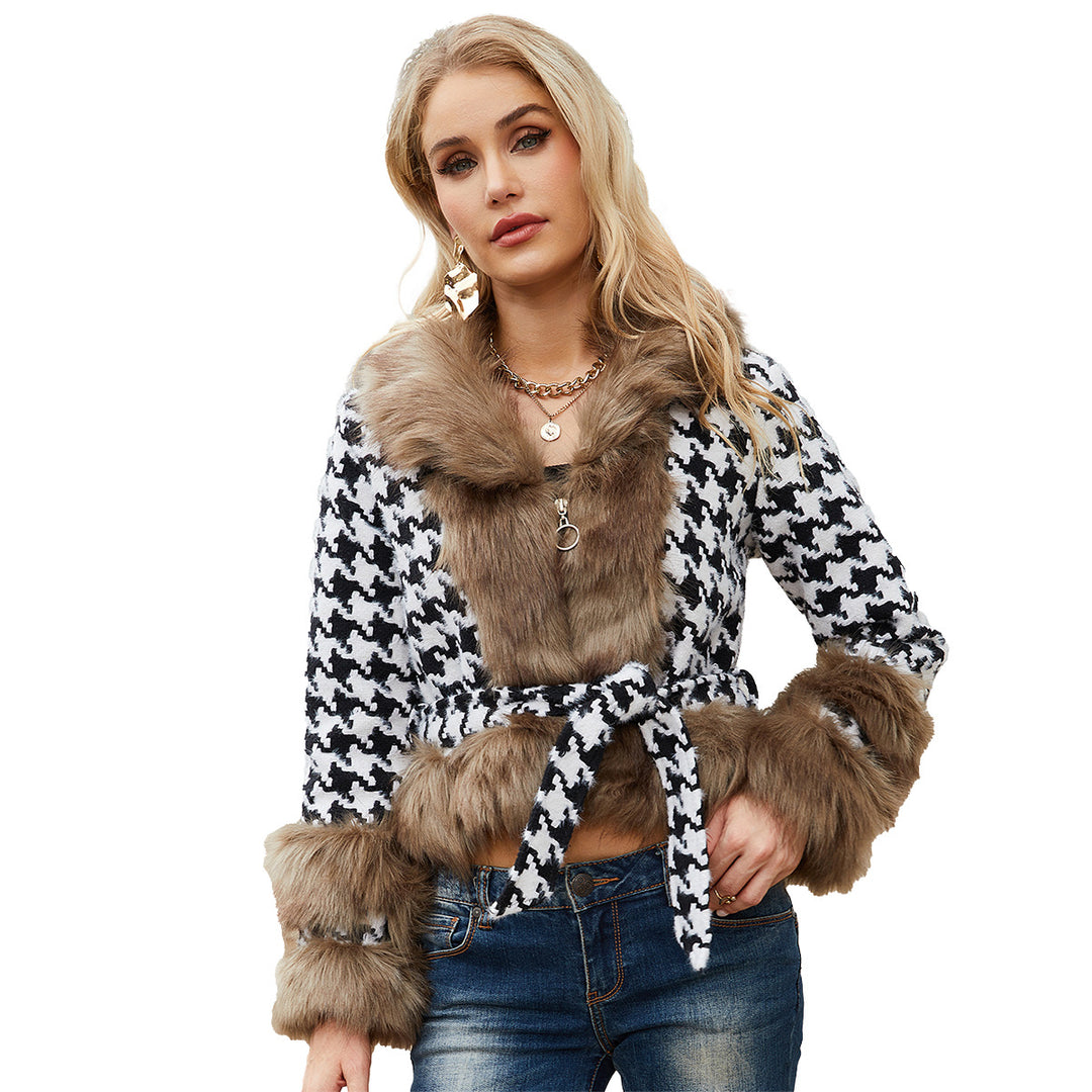 Damen Hochwertige Winterjacke mit auffälligem Hahnentritt und faux Pelzkragen R&B