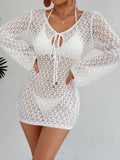 Damen Häkel-Strandkleid mit tiefem V-Ausschnitt und breiten Ärmeln R&B