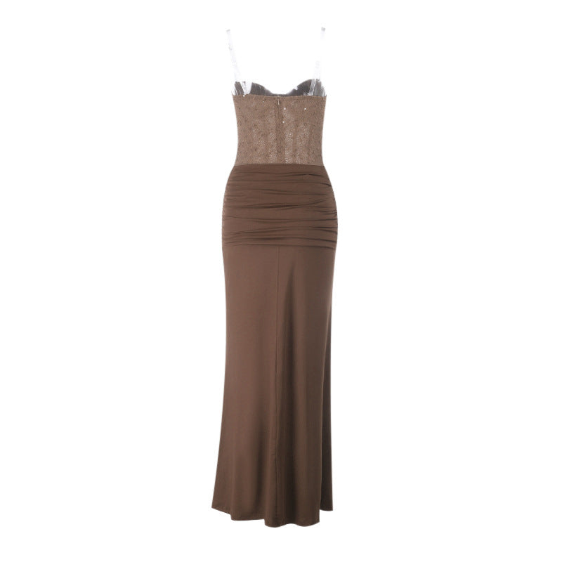 Damen schickes Maxikleid mit elegantem Bustier-Oberteil und gerafftem Rock R&B