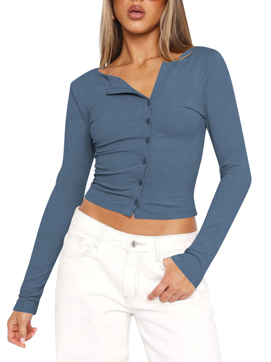 Damen figurbetontes Langarmshirt mit Knopfleiste und V-Ausschnitt R&B