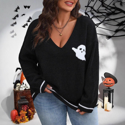 Damen Strickpullover mit Ghost-Motiv und V-Ausschnitt R&B