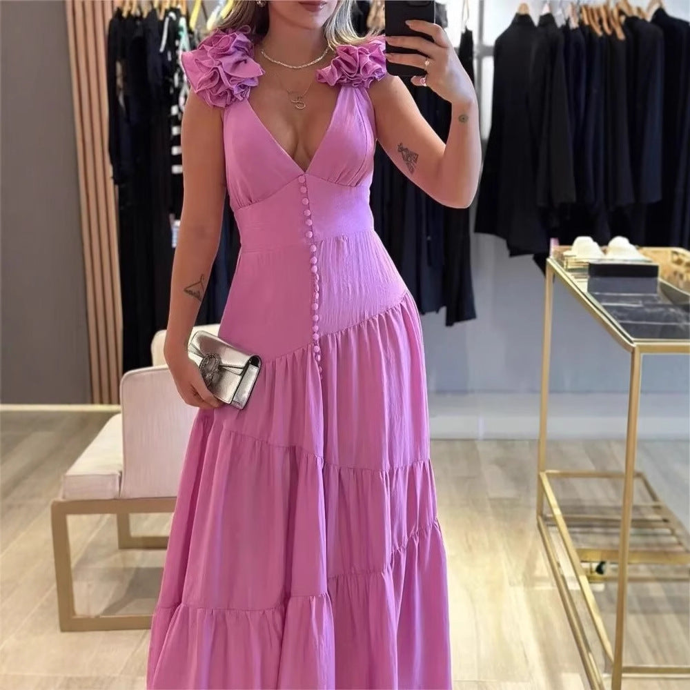 Damen Maxikleid mit schwingendem Rüschendesign und elegantem V-Ausschnitt R&B