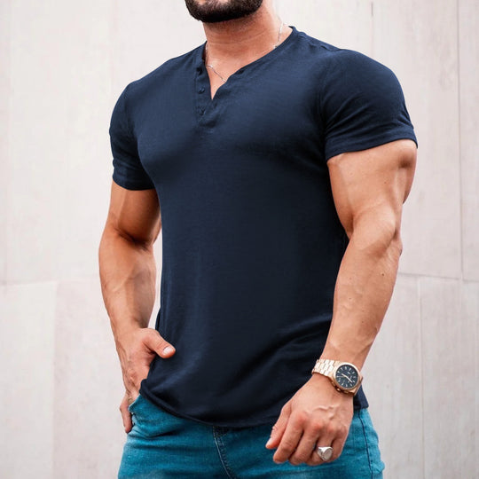 Herren nan muskelbetontes Kurzarmshirt mit Knopfleiste und V-Ausschnitt aus Baumwollstretch R&B